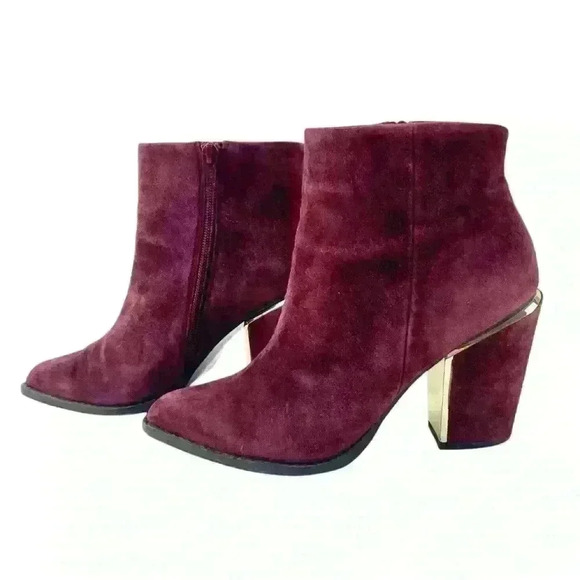 Aldo Burgundy Suede Ankle Boots Metallic Gold Chunky Heels  US 6.5 Date Night - Picture 2 of 16
